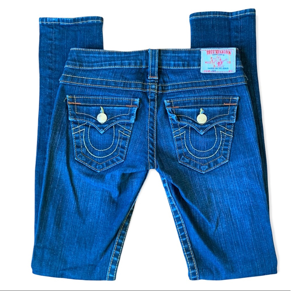 True Religion brand blue jeans Julie size 25 skinny denim double stitching dark